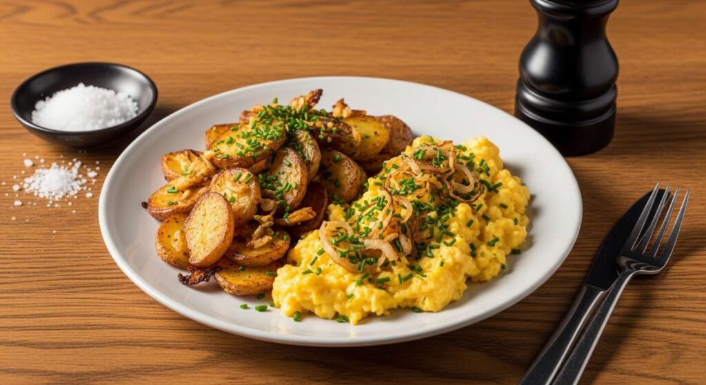 Łączę jajka z ugotowanymi ziemniakami i wylewam na patelnię. Wystarczy pół porcji, by najeść się do syta