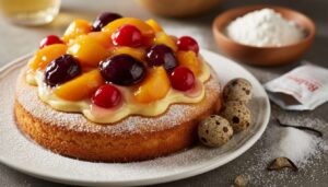 Biszkopt na spodzie, na górze owoce z zalewy. Przebija każdy sernik, zjadam trzy dokładki