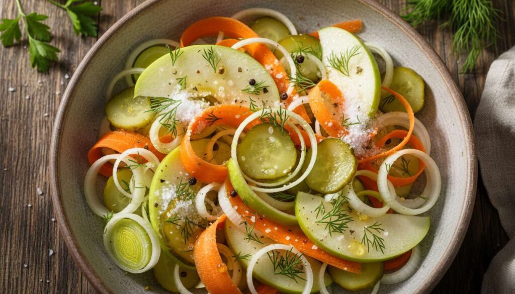 Surówka z pora do obiadu - z marchewką i jabłkiem. Smak podkręcony ogórkiem kiszonym