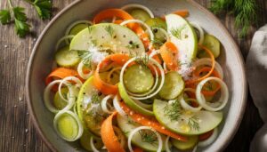 Surówka z pora do obiadu - z marchewką i jabłkiem. Smak podkręcony ogórkiem kiszonym