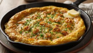 Mieszam jajka z ugotowanymi ziemniakami i wylewam na patelnię. Wystarczy pół porcji, by najeść się do syta